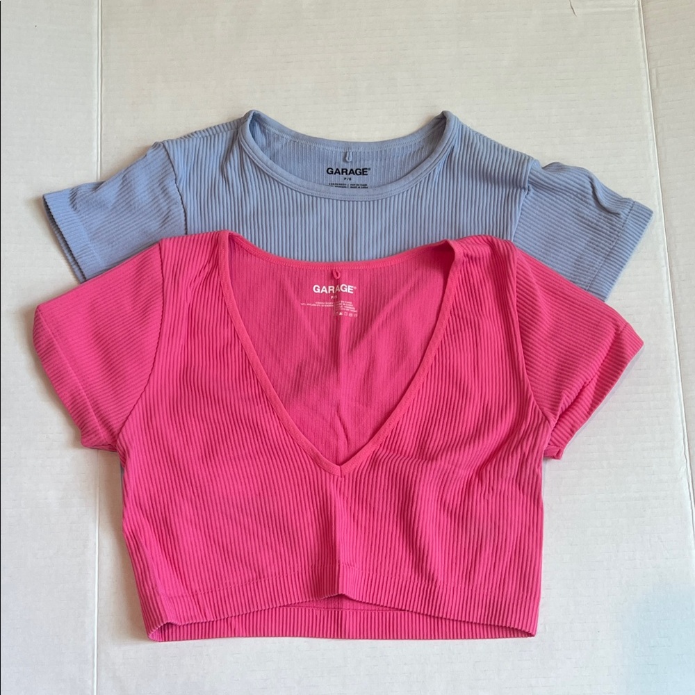 Garage Women's Short Sleeve Ribbed Crop Tops - Pink and Gray